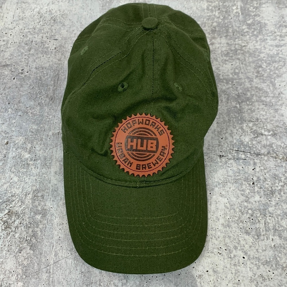 HUB Hopworks Urban Brewery Leather Patch Green Canvas Cap Hat